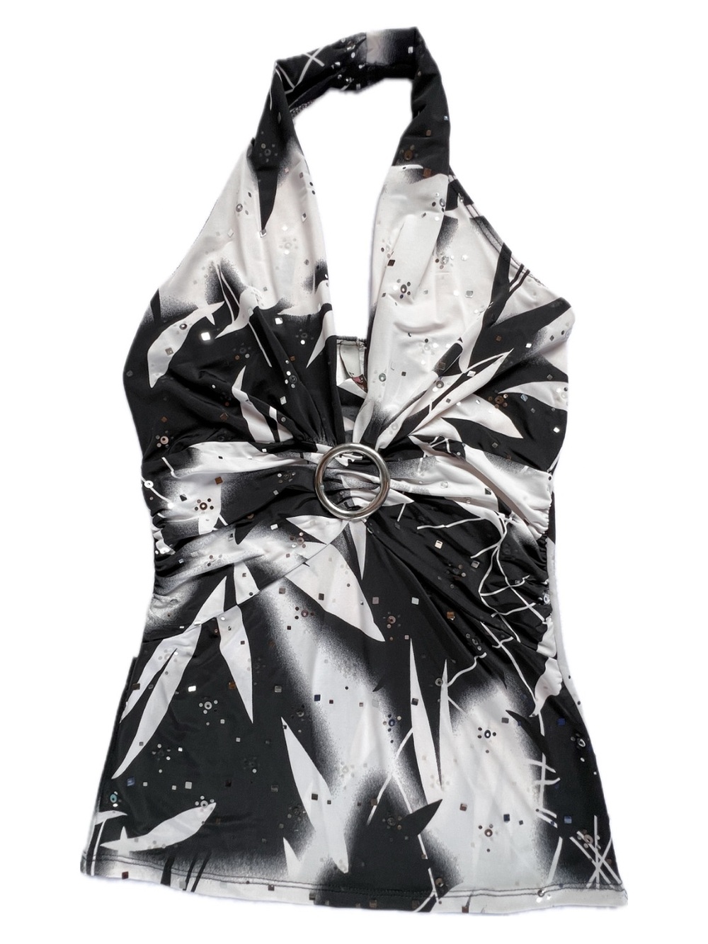 Vintage Y2K Kiwi Black White Rhinestone O-Ring Halter Top Juniors M McBling